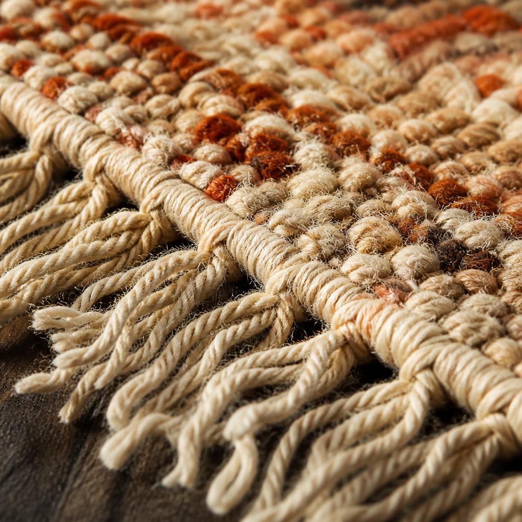 Gros plan sur les fibres de laine d’un tapis ancien