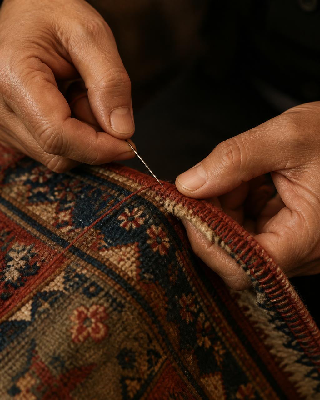 Mains de l'artisan travaillant la lisière d'un tapis oriental