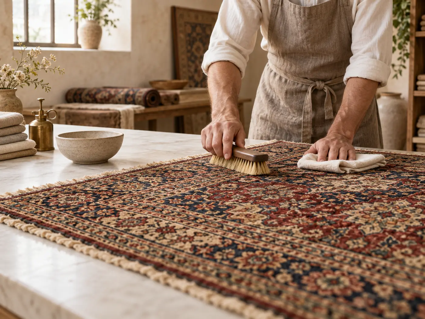 Gros plan sur des fibres de laine et des franges de tapis