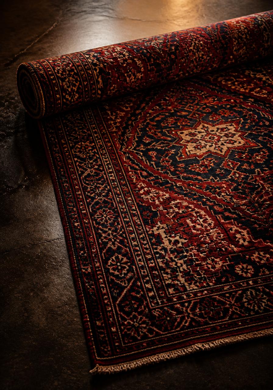 Tapis ancien roulé dans une ambiance d’atelier
